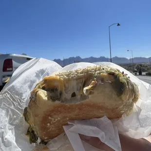 Green Chile &amp; Cheese Sandwich on a sesame bagel!