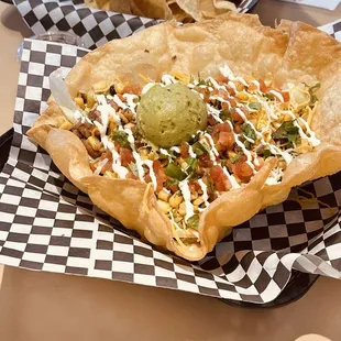 Taco salad with chips &amp; green chile salsa