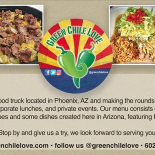 Green Chile Love is a food truck located in Phoenix, AZ and making the rounds to neighborhoods, local businesses, festivals, corporate lunch