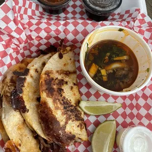 I had the Birria Tacos and a cucumber lime Fresca. It came with three fat tacos and a soup to dip the tacos in.