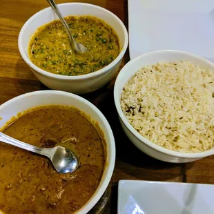 Clockwise from top: Methi mattar malai, rice, lamb rogan josh