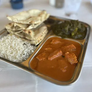 Chicken Tikka Masala. Saag Aloo. Naan. Basmati Rice