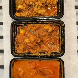 From top to bottom, Aloo Gobi, Chicken Vindaloo and Chicken Tikka Masala.