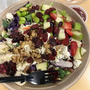 Forbidden Fruit salad with extra chicken and edamame added