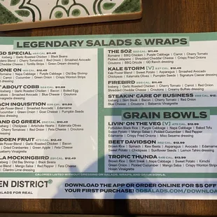 Menu as of August 2022 (build-your-own salad menu on the back)