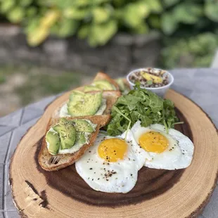 avocado toast, eggs, and lettuce