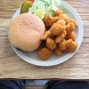 Hamburger with fried cauliflower.