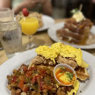 Chicken and Waffles Benedict (scrambled eggs)  10/10