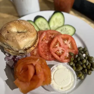 Lox &amp; Bagel w an everything bagel. Kettle one Bloody Maria and black coffee.