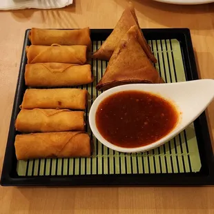 Veggie lumpia and 2 samosas (samosas were very good, lumpia was okay)