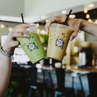 Iced matcha and vanilla latte