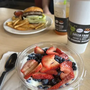 Yogurt bowl, Burger, dirty snowman hot coffee and peach tea