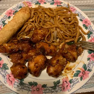 Take home food! Very delicious! Orange chicken and chicken lo mien with chicken egg roll!