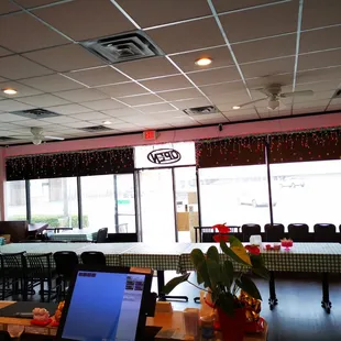 tables and chairs in a restaurant