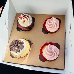 Cupcakes: -Classic red velvet  -Classic cookies and cream -Vegan strawberry