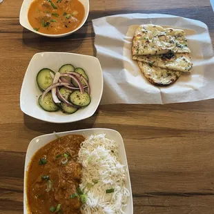 Chicken Tikka Masala bowl with basmati rice, Veggie Tikka Masala bowl with garlic naan