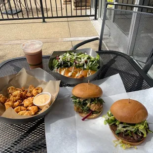 Crispy Cauliflower Tempura, Tikka Masala Bowl, Mushroom Chana Burger and Crispy Chik'n Sandwich