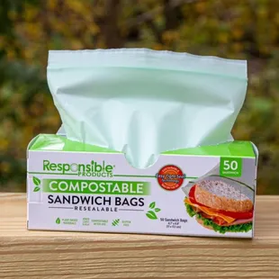 Compostable sandwich bags, trash bags, quart bags, and cling wrap from Responsible Products.