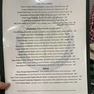 Menu: Soup, salad, starters, sandwiches, and entrees.