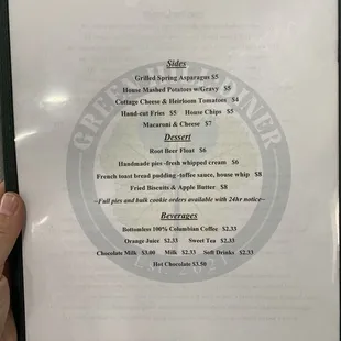 Menu: Sides, dessert, beverages.