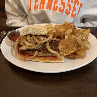 Meatloaf sandwich with fresh chips