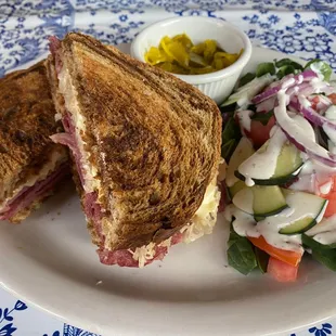 Grilled Reuben Sandwich with garden salad