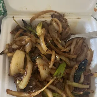 Mongolian onions with a few pieces of beef.