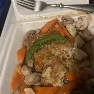 Egg fung with only a small egg pancake. Whole sauce leaked over everything because of the weird way they packed it