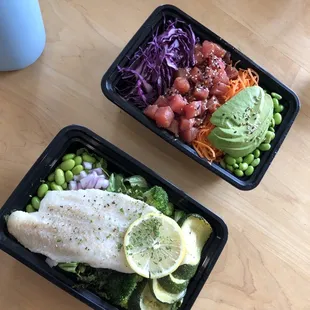 Left: build your own plate with fish.  Right: Ahi tuna bowl.