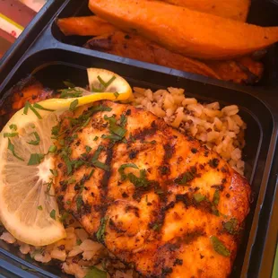 Salmon, mixed quinoa, sweet potato fries.