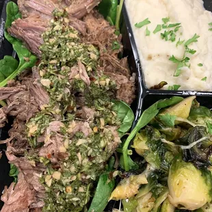 Chimichuri pot roast with cauliflower mash and Brussels sprouts