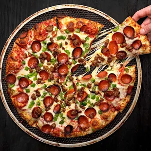 pepperoni, sausage, and cheese pizza