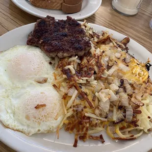 2 eggs with 1/2 meat hashbrowns and toast