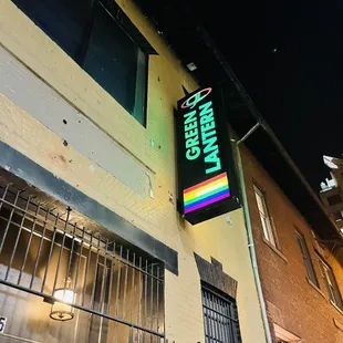 a neon sign on a building