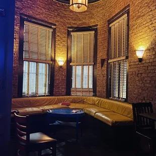 a corner seating area in a restaurant