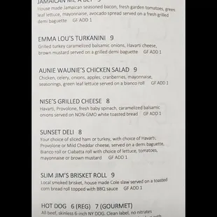 a menu for sandwiches