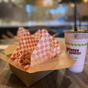 Combo Popcorn Chicken and French Fries Strawberry Smoothie