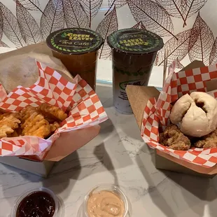 Garlic Waffle Fries, BBQ Pork Bun, Popcorn Chicken, POG &amp; CMT Coffee Milk Tea
