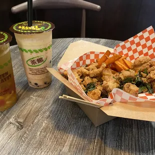 4-seasons fruit tea, Pine-Ango Piñata w/ boba, and popcorn sweet potato combo. Loved them all!