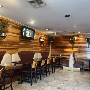 tables and chairs in a restaurant