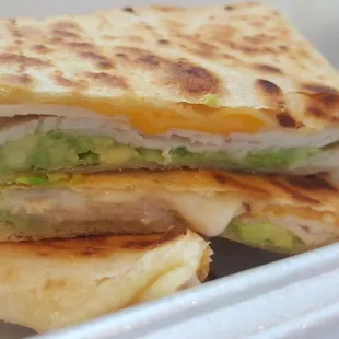 Turkey Quesadilla.  Order comes with 3 small quesadillas.  Turkey, avocado and cheese in tortilla toasted to PERFECTION.