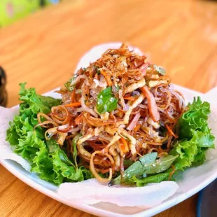a plate of food on a wooden table