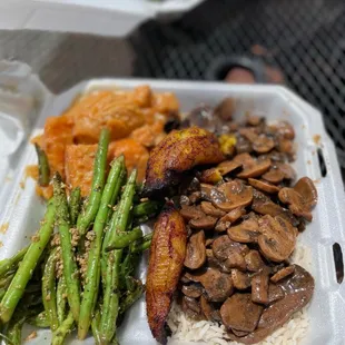 Plantains, jerk mushrooms with white rice, green beans, sweet potatoes