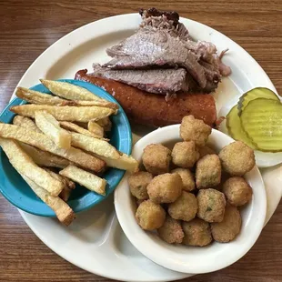 2 Meat BBQ with Smoked Sausage, Brisket, A Side Order of Fried Okra and French Fries