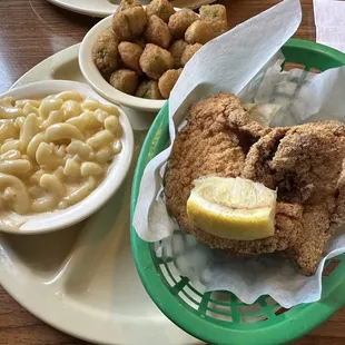Catfish Plate (2 Pieces) With A Side Order of Fried Okra and Mac &amp; Cheese