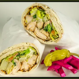 a chicken wrap and pickles