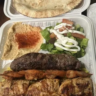 #9. Combo Trio Ground Beef Kabob Chicken Kabob Skewer Shrimp Skewer  Salad Hummus Pita Bread