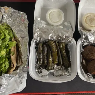 Gyro, grape leaves, and falafel