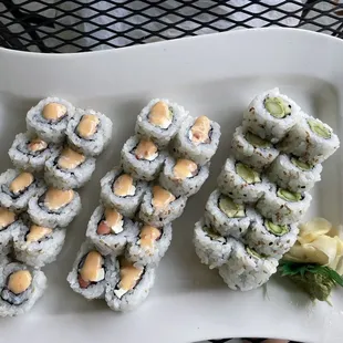 Spicy salmon roll, Philadelphia roll with spicy mayo, and temple roll. All delicious!
