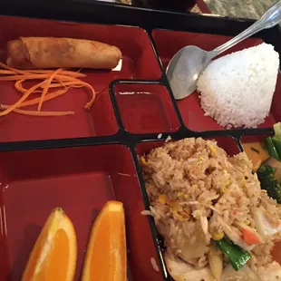 Bento Box w/ Panang Curry &amp; Siam Fried Rice. They're open for lunch, hours are listed incorrectly.